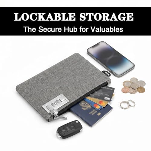 Lockable Money Pouch with Combination Lock, Grey Travel Safe Bag for Cash Passport Jewellery, Waterproof Oxford Fabric Security Wallet with 3-Digit Lock, Men Women, 8.27 × 5.91 inches — view 4