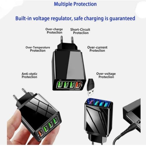 4 Port USB Wall Charger UK Plug, QC3.0 Multi USB Charging Block, Portable Travel Multi-Port USB Adapter, Mirror Surface Power Charger for Phones — view 4