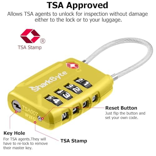 SharkByte TSA Approved Suitcase Locks - 4-Dial Security Travel Combination Padlock, Flexible Cable Wire Travel Lock for Suitcases, Luggage Locks, Travel Bag Gym Locker Small PadLock with code (2 Pack) — view 2