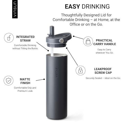 VINSUN Stainless Steel Water Bottle 750ml with Straw and Carrying Handle — view 6