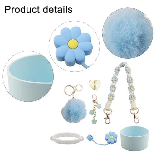 CWOQOCW 7PCS Silicone Cup Strap Set Designed for 30 Ounce and 40 Ounce For Water Bottles with Wool Ball Pendant for Enhanced Portability (blue) — view 6