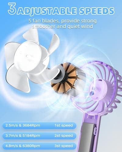 Portable Handheld Fan, Small Personal Hand Fan with 3 Speeds 1800mAh USB Rechargeable, Mini Hand Held Fan for Makeup Eyelash, Travel Gifts for Girls Women Kids — view 3