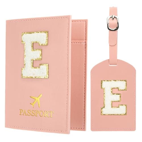 PATIKIL Passport Holder for Travel, Initial Passport Cover and Luggage Tag Set with Alphabet Chenille Letter Patch Travel Wallet Bag Suitcase Identifier for Women Family Travel Pink E