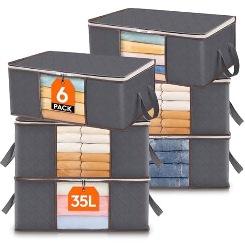 Lifewit 35L Clothes Storage Bags with Clear Window, Foldable Underbed Clothes Covers, Organisers for Clothing, Bedding, Sweaters Protection, 6 Pack, Grey