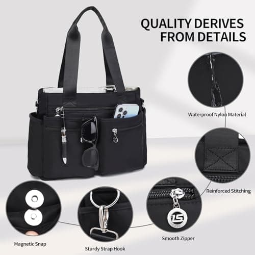 Bagtopia Nylon Tote Bag for Women, Multi Pockets Crossbody Purse for Work Travel, Waterproof Shoulder Bag with Zipper (Black) — view 4