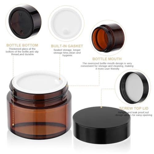 HOTUT 50ml Amber Glass Jars, 6 Pack Empty Cosmetic Jars with Lids and Inner Liners, Brown Travel Cosmetic Containers, Empty Glass Pots for Toiletries, Cosmetics, Powder, Lotion, Creams, Travel Use — view 3