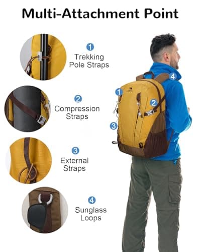 Outplea 30L Hiking backpack for Men Women, Lightweight Waterproof Outdoor Rucksack with Anti-Theft Pocket for Walking Climbing Travel, Yellow — view 3