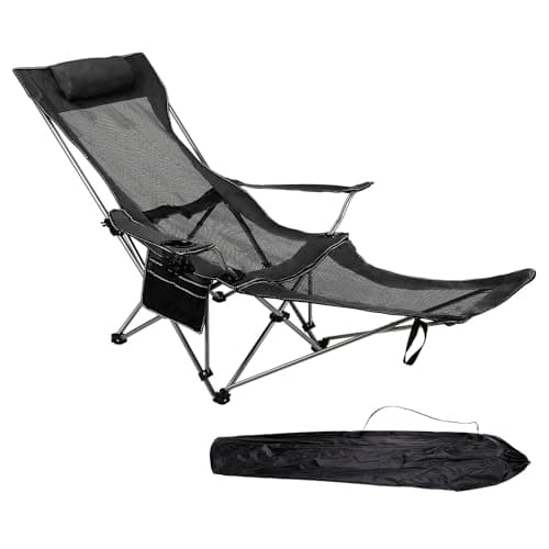 Livhome Camping Chairs Folding Recliner Chair Adjustable with Detachable Footrest Headrest Cupholder Pocket Lightweight Portable Reclining Camp Fold up for Outdoor Beach Garden (Black) (31141)