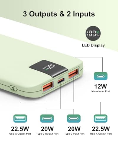 Odetrik Portable Charger 10000mAh 22.5W Power Bank, Fast Charging External Battery Pack with 3 Outputs & 2 Input, Type-C In/Out, LCD Display Slim Portable Phone Charger for Smartphone, Tablets (Green) — view 5