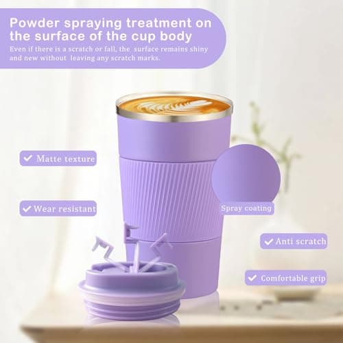 Senshuomy Travel Mug, Insulated Coffee Cup with Leakproof Lid, Reusable Coffee Cups Travel Cup, Stainless Steel thermaol Mug for Hot Cold Drinks (Purple 380ml) — view 5
