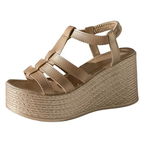 Women's Open Toe Espadrille Platform Wedge Sandals With Adjustable Ankle Strap Summer Casual Lightweight Soft Hollow Out Walking Wedge Sandal Fashion Holiday Outdoor Vacation Going Out Shoes (Gold, 5)