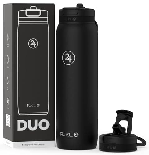 Fuel24 Duo - Stainless Steel Water Bottle 700ml or 1L - Vacuum Insulated Metal Flask with Straw (Dual use Lid) 1 Litre - for Sports, Gym, Work – Slim Design (Carbon, 1000 ml)