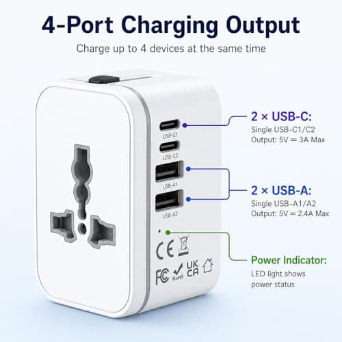 Universal Travel Adapter, International Travel Plug Adapter with 2 USB-C and 2 USB Ports, All in One Plug Adaptor with Dual Safety Fuses, Universal Charger Power Adapter for European EU US UK AUS — view 4