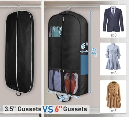 MISSLO 4 Handles Heavy Duty Garment Bags for Travel Storage 43" Suit Bag Carrier for Men with 6" Gusseted and Pockets Women Clothes Cover Suit Holder for Shirts, Coats, Dresses, 2 Pack — view 3