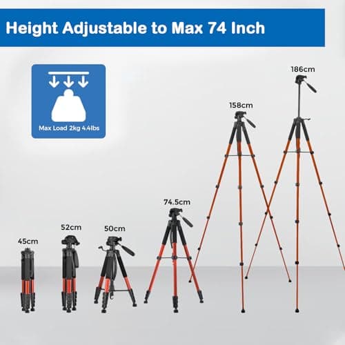 LINKCOOL 74-Inch Tall Camera Tripod Stand for Canon Nikon Sony - Lightweight Aluminum With Detachable Head, Phone Mount (Orange) — view 2