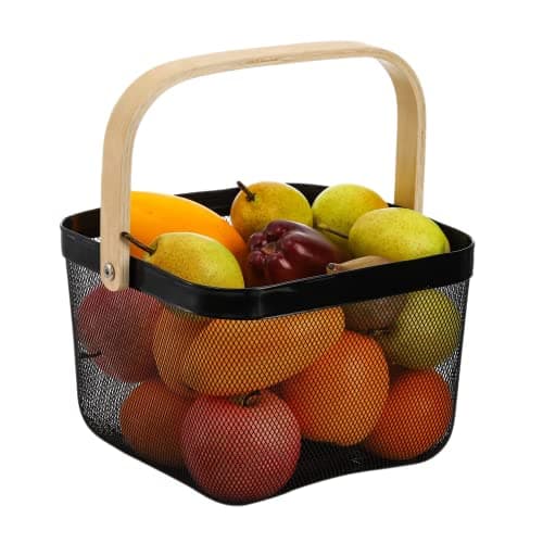 Metal Basket Storage Organizer, Multi-functional Basket with Bamboo Handle for Home Kitchen Picnic Shopping Decoration (Pink) — view 2