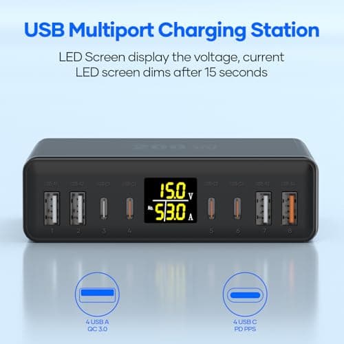 YSYFAD 200W USB C Charger 8-Port with LED Display, USB Charging Station GaN — view 3