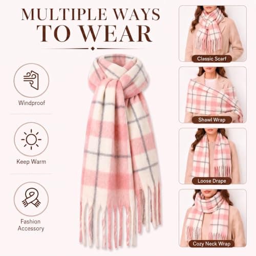 Fjquamitix Womens Blanket Scarves Winter Warm Tartan Plaid with Fringes — view 5