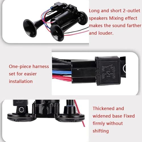 Air Horn 12V 600DB, Universal 12V Dual Trumpet Air Horn Kit, Truck Train Air Horns with Compressor, Double Tube Train Horn, Dual Trumpets for Truck, Train, Car, Van, Black — view 3