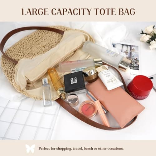 Straw Beach Bag for Women, Summer Straw Tote Bag Handbag with Zip Leather Handles, Retro Handmade Boho Casual Woven Travel Holiday Shoulder Bags for Beach Vacation Outdoor Shopping Daily Use (Beige) — view 4
