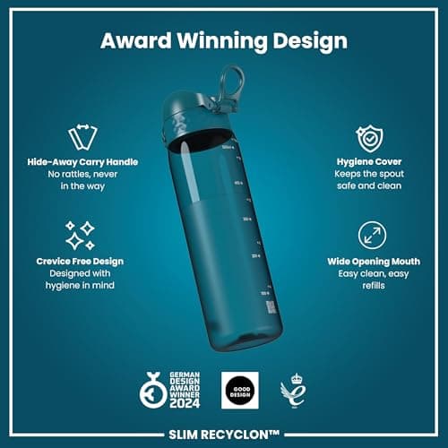 Ion8 Water Bottle, 500 ml/18 oz, Leak Proof, Easy to Open, Secure Lock, Dishwasher Safe, BPA Free, Hygienic Flip Cover, Carry Handle, Fits Cup Holders, Easy Clean, Carbon Neutral, Half Cut Deep Teal — view 6
