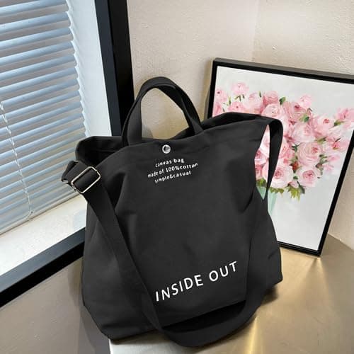 UNLOCKCUP Large Canvas Tote Bag for Women 3 Small Inside Pockets-Vintage Crossbody Handbag for Work, Beach, Travel-16oz Cotton, Black, One Size — view 3