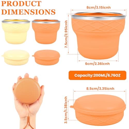 shaojian 2Pcs Collapsible Camping Cup 200ml Foldable Cup with Stainless Steel Rim and Lid, Portable Pocket Cups for Hiking Camping Travel Airport Hotel Mouthwash(Orange+Yellow) — view 2