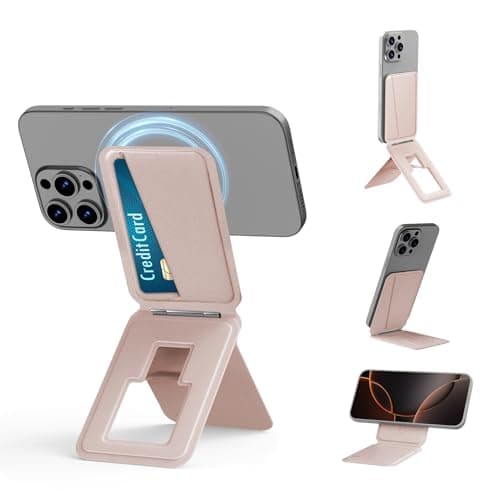 Bettdow Magnetic Tripod Stand for iPhone 17/16/15/14/13/12 Series, Portable Phone Tripod Stand with Card Holder for Self-Vlogging, Surfing, Macro Photography, Video Calls, Pink