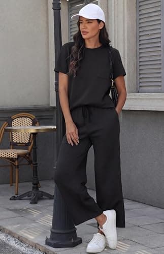 GRECERELLE Airport Two Piece Travel Outfits Set for Women Summer Short Sleeve Casual Crew Neck Tracksuit Womens Full Set Cap Sleeve Tops and Jogging Bottoms with Pockets (Black, XXL) — view 2
