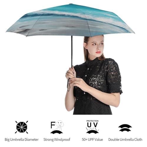BVKWNTSA Windproof Travel Umbrella Turquoise Beach Original Seascape Compact, Light, Automatic, Sturdy And Portable, with Umbrella Cover, Suitable for Both Men And Women — view 4