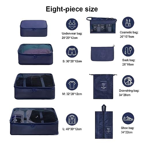 OSDUE Packing Cubes for Suitcase, 8PCS Thickening Travel Organiser Packing Bags Lightweight Travel Accessories Organizers Essentials Clothes Shoes Cosmetics Toiletries Storage Bags — view 2