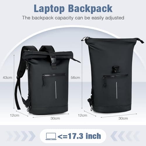 Lekeinchi 17-Inch Waterproof Laptop Backpack for Men and Women - Roll Top Design for School, Travel, Business, Work, and Camping(Black) — view 3