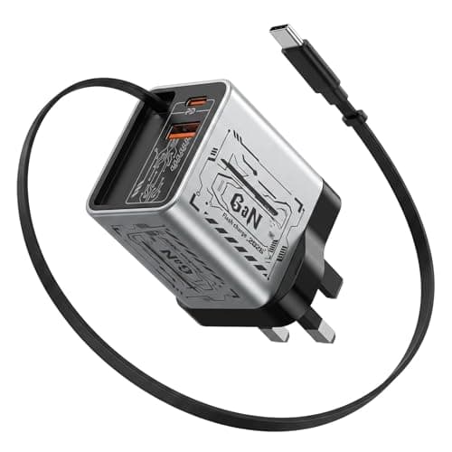 PowerTravel UK 65W USB C Charger, Retractable Cable, 3 in 1, GaN, 0.7m