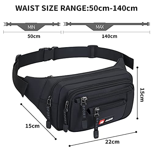 AirZyx Bumbag Fanny Pack for Women Men Waterproof Waist Pack Plus Size with 6 Zipped Pockets Bum Waist Bag for Dog Walking Climbing Hiking Travel Outdoor Sport Black — view 3
