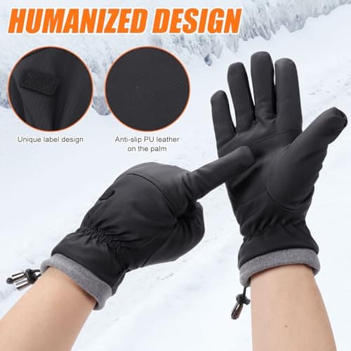 Winter Thermal Gloves for Men Women Waterproof Warm Ski Glove with Fleece Lining Windproof Drawstring Touchscreen Gloves for Cold Weather Cycling Driving Skiing Running (Black, L) — view 5