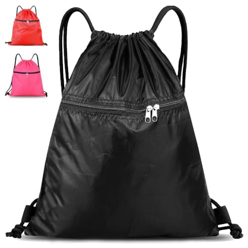 SAWANS Drawstring Bag String Gym Sack Drawstring Sports Bag Swim Men Women Sack Outside Pocket Zipper PE Backpack Beach School Holidays Swimming Travel Boy Girl Waterproof (Black)