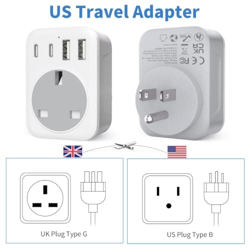 UK to USA Plug Adapter, 5 IN 1 US Travel Adapter with 2 USB &2 USB C Ports — view 3