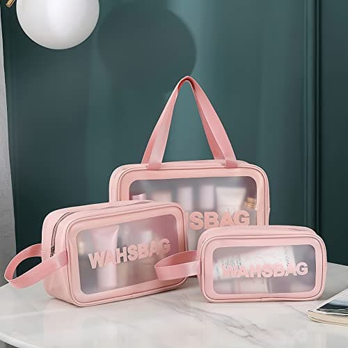 Aucuu 3PCS Clear Toiletry Bag, Wash Bag, Clear PU Makeup Bags, Waterproof Toiletry Travel Bags with Zipper Handle, Portable Airport Cosmetic B-ag for Travel Bathroom Men Women (Pink) — view 2