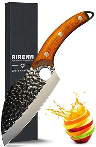 AIRENA Handmade Forged Kitchen Knives, Chefs Knife Set, High Carbon Steel Cook Knife - Full Tang Structure Wood Handle with Thickened Leather Sheath for Home, Camping, Gift Box