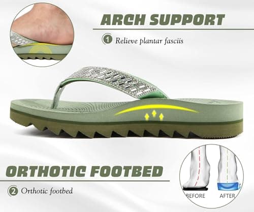 KuaiLu Womens Orthopedic Flip Flops with Arch Support Yoga Mat Cushion Fashion Rhinestone Sandals Summer Walking Beach Travel Thong Slides Comfy Plantar Fasciitis Indoor Outdoor Sandles Green 6.5 — view 3