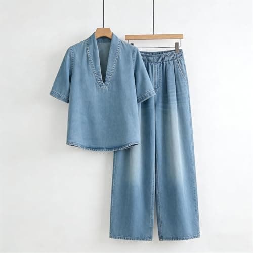 Womens Coords Sets Airport Two Piece Outfit Women Uk Denim Co Ord Sets Sleeveless Short Sleeve Blouses Wide Leg Jeans Casual Ladies Travel Suits Womens Summer Cotton Lounge Wear A2 Light Blue 3XL — view 4