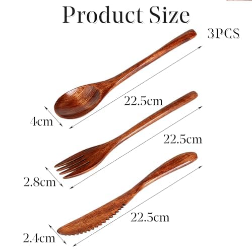 3 Piece Bamboo Travel Cutlery Set Reusable Wooden Spoon Fork Knife with Portable Canvas Pouch Eco Friendly Lightweight Camping Utensils for Lunch Work School Picnic Zero Waste Dishwasher Safe Flatware — view 2