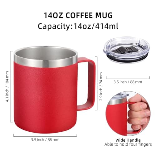 Volhoply 14oz Insulated Stainless Steel Coffee Mug with Leakproof Lid,Double Wall Vacuum Travel Coffee Cup with Handle,Reusable Metal Tumbler,Camping Mugs Keep Hot&Cold,Christmas Gifts(Red,1) — view 2