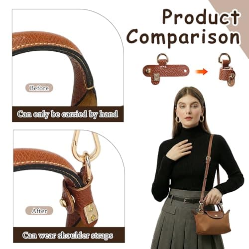 Leather Bag Strap Replacement for Mini Bags, Adjustable No Punch Shoulder Strap with Adapter Kit, PU Leather Crossbody Strap Compatible with Handbags, Shoulder Bags and Purse, 37-49 Inches Brown — view 4