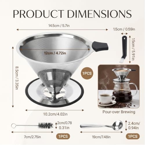Reusable Pour Over Coffee Dripper Stainless Steel Coffee Filter Paperless Mesh Cone Cup Reusable Coffees Filters Slow Drip with Cleaning Brushand and Spoon for Single Cup Brew Coffees Maker — view 2