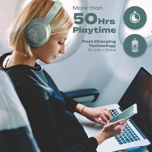 PowerLocus Bluetooth Headphones Over Ear, 50 Hours Playtime, 4 EQ Modes, Foldable Wireless Headphones with Microphone, HiFi Stereo, Lightweight & Wired Mode for Phone/Travel/PC (Mint Green) — view 4
