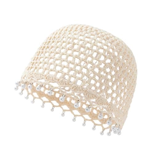 Julpsk Women's Lightweight Handmade Crochet Hat Boho Pearl Trim Beanie Cap for Beach Travel, 2 Beige, One Size