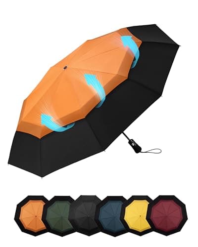 Chakipee Compact Travel Umbrella Windproof Strong- Automatic Folding Umbrellas for Wind and Rain, Double Vented Canopy 210T Fabric 102cm Span - 9 Ribs Portable Umbrella for Men and Women Orange
