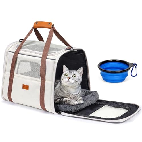 Morpilot Cat Carrier - Airline Approved, Top Opening Portable Dog Bag with Breathable Mesh/Removable Mat, Adjustable Shoulder Strap & Bowl, Foldable Travel Cage, L, Beige (Max 9kg)
