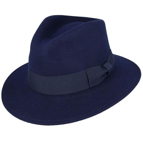 Novella Noori Indiana Jones Style Fedora Hat - Pure Wool Felt Wide Brim Fedora Hat for Men and Women - Crushable, Water-Resistant Vintage Wool Flet Fedoras - (Navy, UK, Alpha, L)